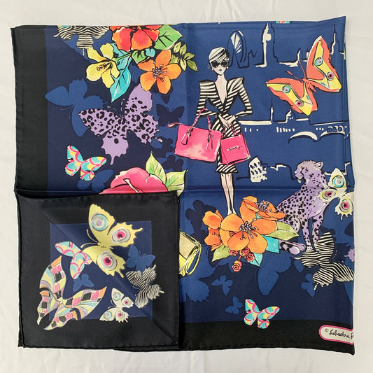Salvatore Ferragamo Floral City Girl Dolly Silk Scarf in Blue