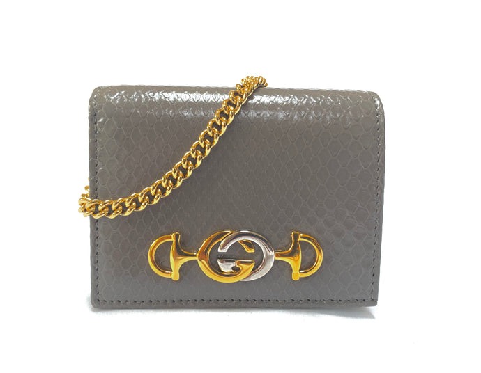 Gucci Zumi Horse-bit Snakeskin Card Case on a Chain in Graphite Gray