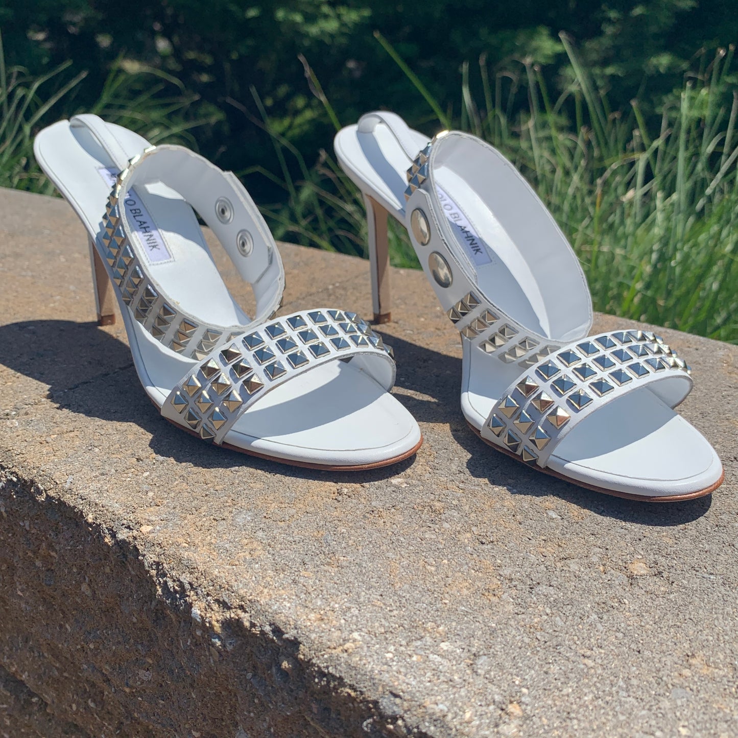 Manolo Blahnik Rocco Studded-toe Heeled Sandal in White