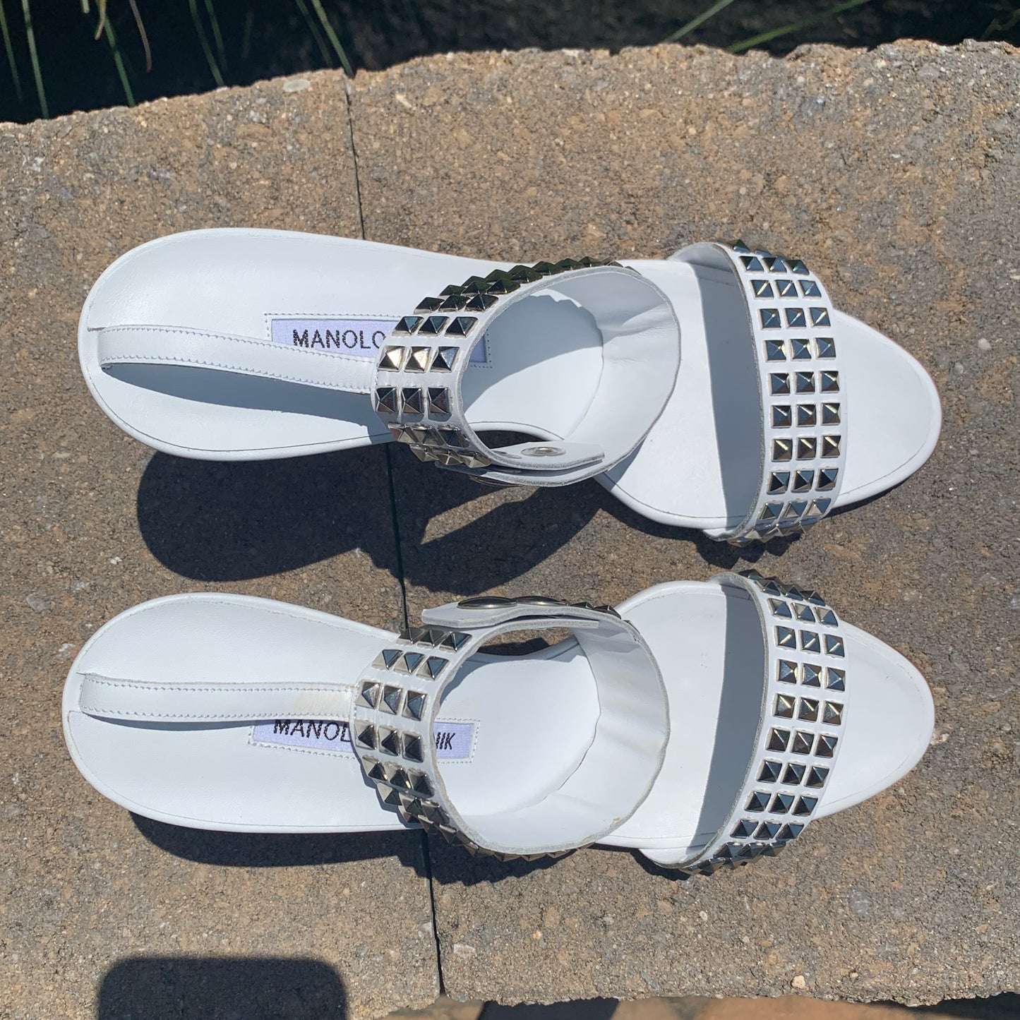 Manolo Blahnik Rocco Studded-toe Heeled Sandal in White