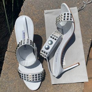 Manolo Blahnik Rocco Studded-toe Heeled Sandal in White