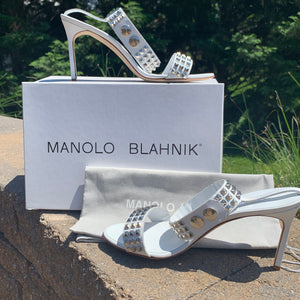 Manolo Blahnik Rocco Studded-toe Heeled Sandal in White