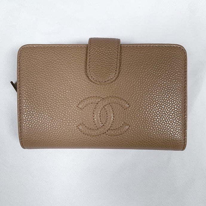 Chanel L-zip CC Leather Pocket Wallet in Dark Beige