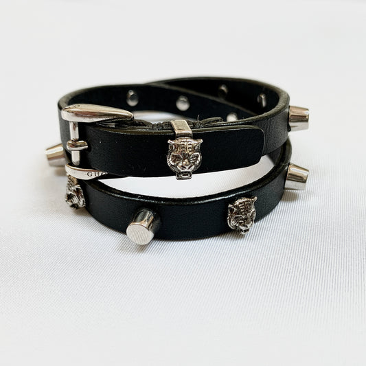 Gucci Studded Feline Head Leather Wrap Bracelet in Black
