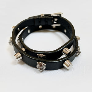 Gucci Studded Feline Head Leather Wrap Bracelet in Black