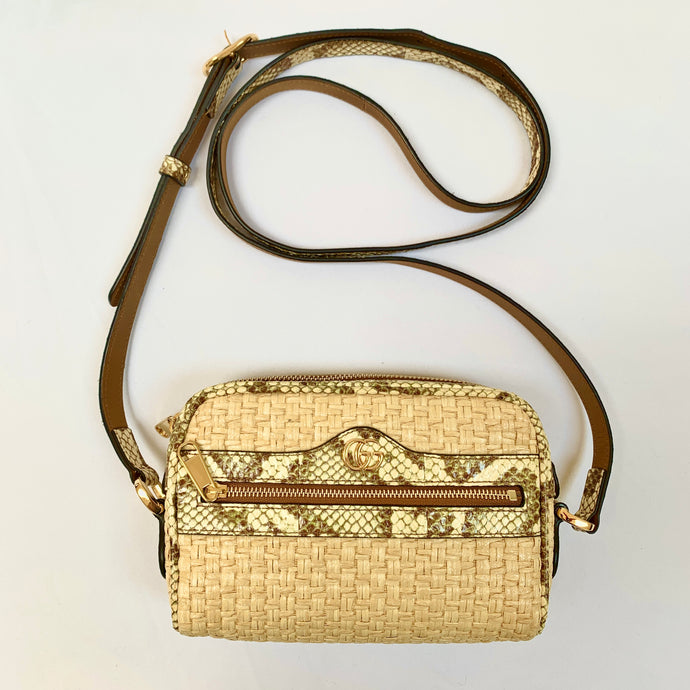 Gucci Mini GG Ophidia Straw Shoulder Bag with Printed Trim in Beige and Green