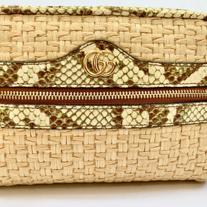 Gucci Mini GG Ophidia Straw Shoulder Bag with Printed Trim in Beige and Green