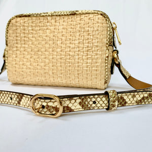Gucci Mini GG Ophidia Straw Shoulder Bag with Printed Trim in Beige and Green