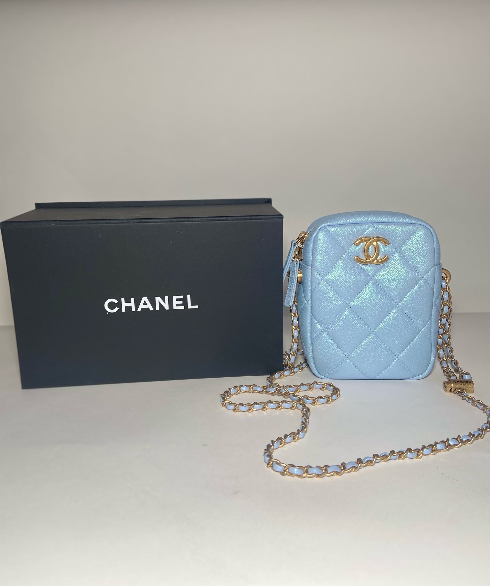 Chanel 21 K My Perfect Camera Bag Iridescent Caviar Quilted Leather Bl –  Gaby's Bags