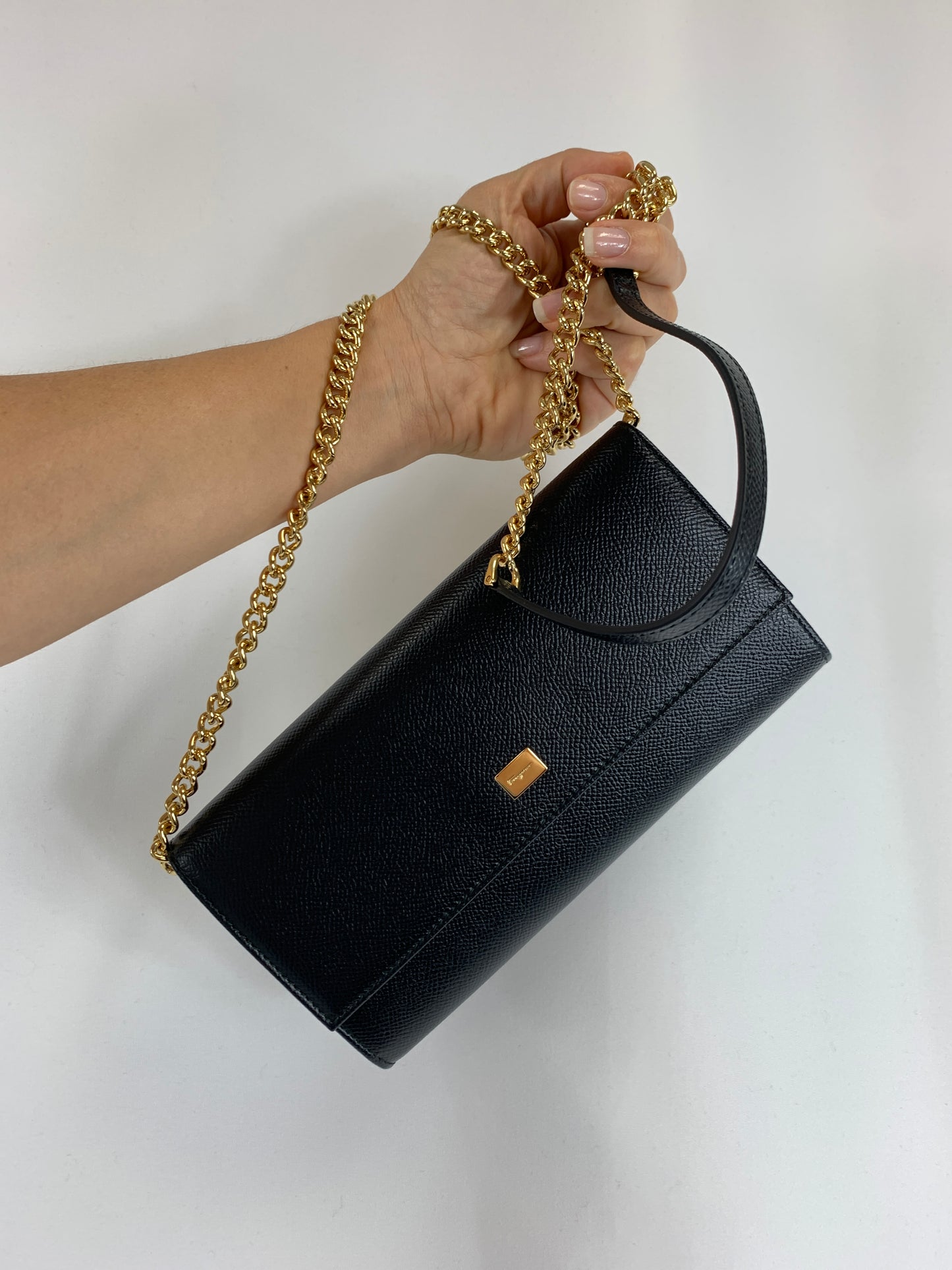 Salvatore Ferragamo Wallet on Gold Chain in Black