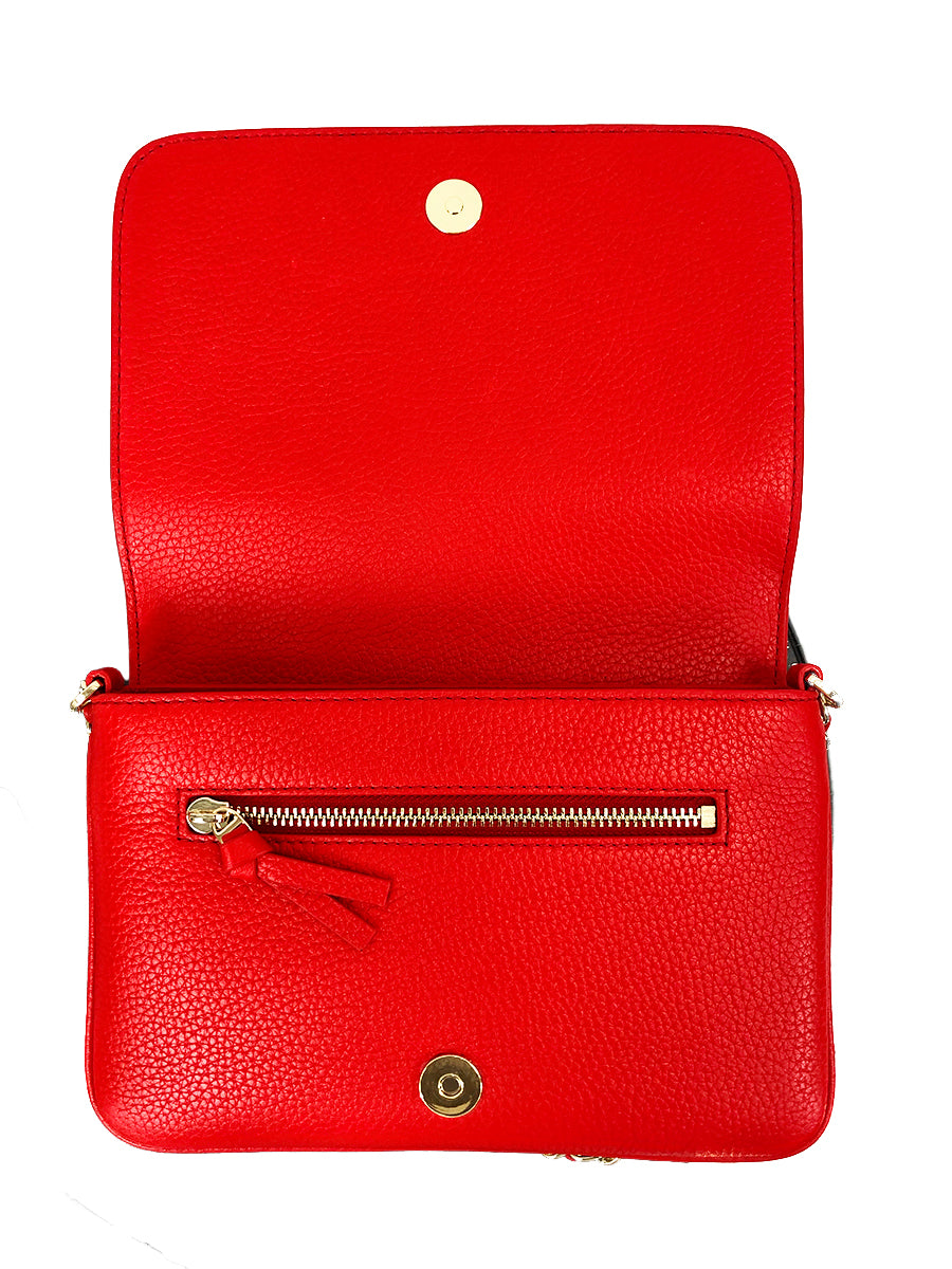 Magnetic-snap flap closure. Zip pocket under flap. Interior wall and smartphone pockets. Exterior slip pocket with magnetic snap closure. 10 ¾"W x 7"H x 1 ¼"D. 7" strap drop; 22" - 24" crossbody strap drop.