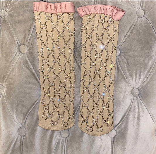 Gucci Crystal Embellished GG Socks in Beige