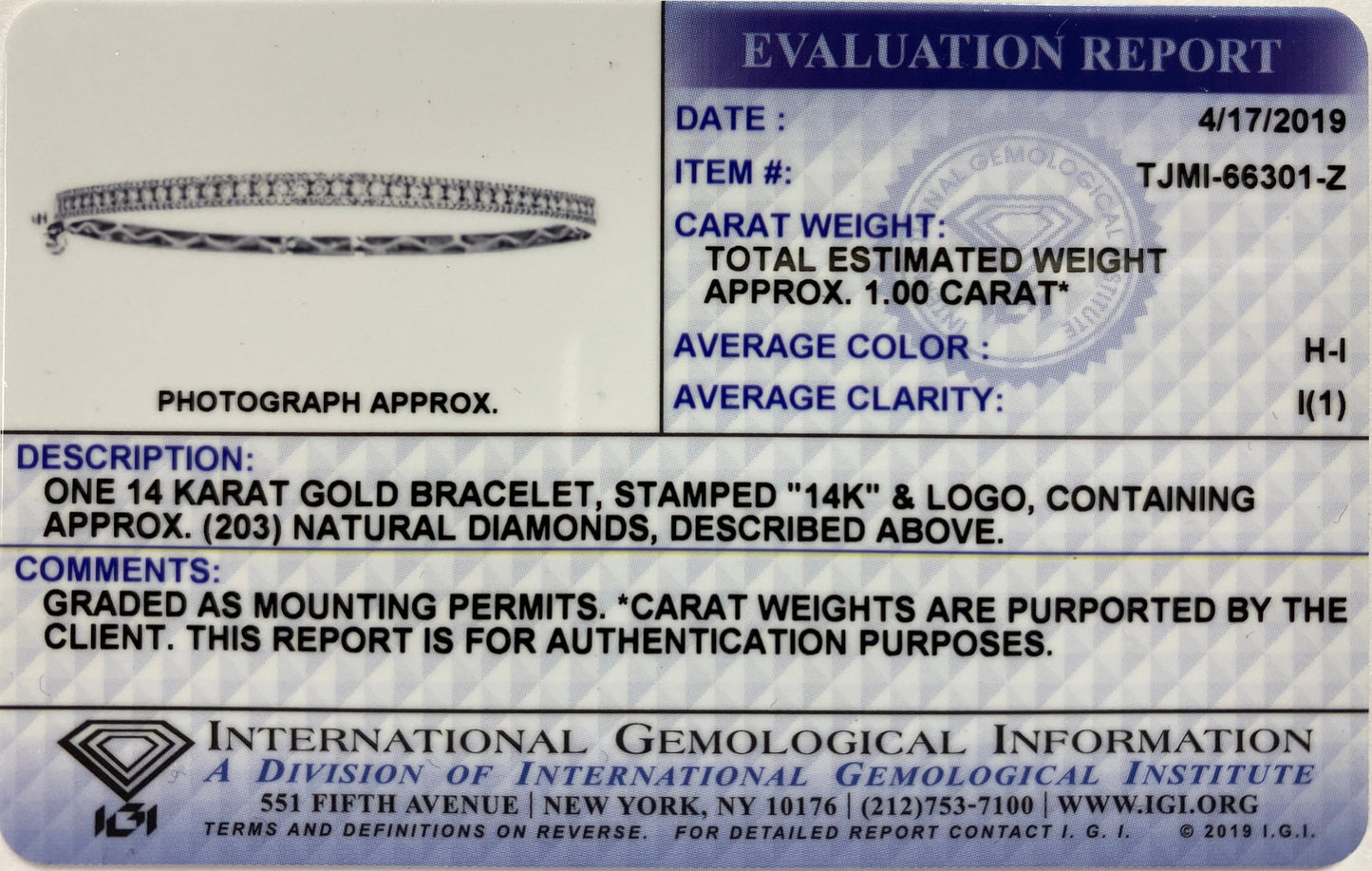 Genuine IGI Certified 14K White Gold Diamond Bracelet