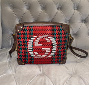 Gucci Houndstooth And Stripe Shoulder Bag With Interlocking G Red & Green