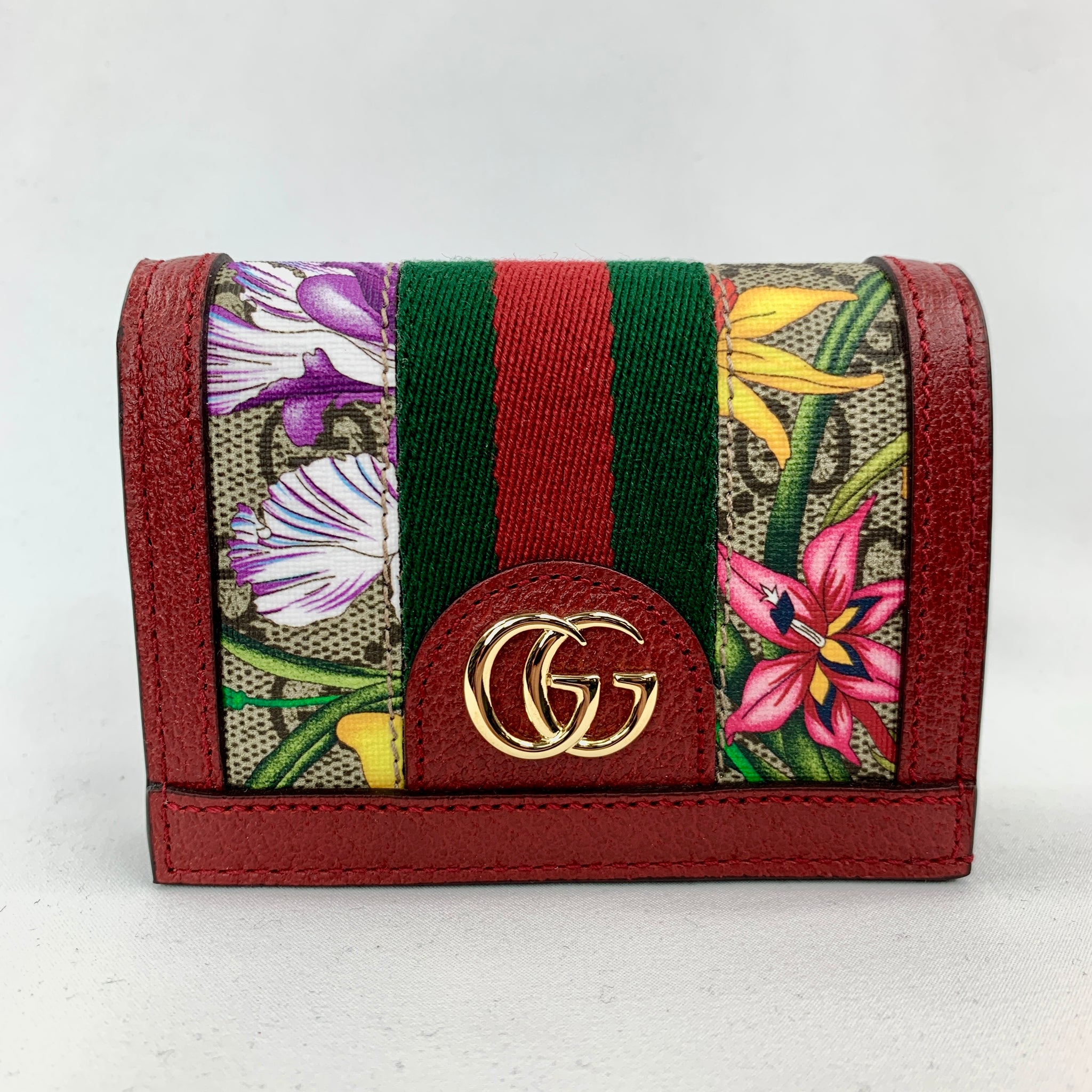 Gucci Ophidia Gg Flora Card Case With Lanyard In Beige Ebony & Red