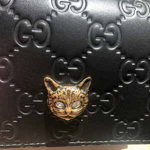 Gucci Guccissima Crystal Cat Card Case in Black