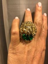 Load image into Gallery viewer, Mama said knock you out...and you will with this Gucci ring!  Brassy bright Lion Head with Green Swarovsky crystal in the mouth.  Packs a punch!  Gucci rings are the things.