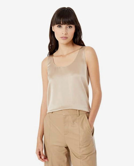 Vince Satin Tank in Sandollar with a u neck line is a champagne toned silky top with a rich sheen.  A perfect neutral tone, this tank top goes with any outfit.  Wear alone or layer for cooler days and nights.  satin  sits at waist  Sandollar