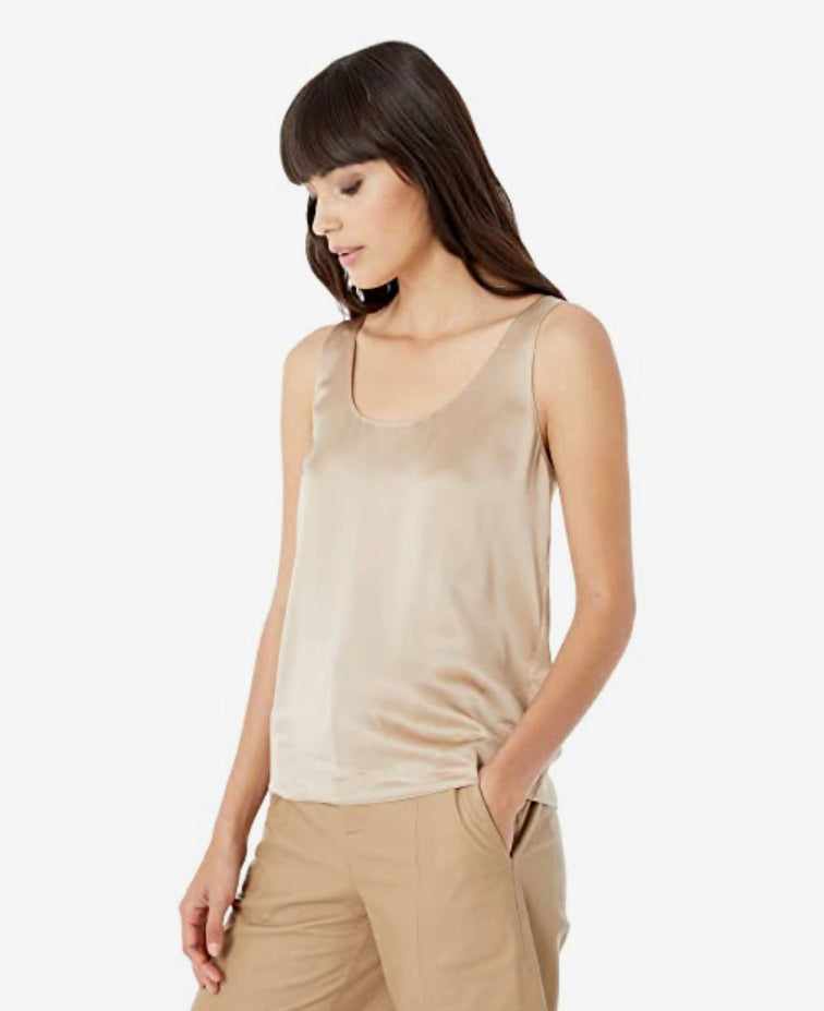 Vince Satin Tank in Sandollar with a u neck line is a champagne toned silky top with a rich sheen.  A perfect neutral tone, this tank top goes with any outfit.  Wear alone or layer for cooler days and nights.  satin  sits at waist  Sandollar
