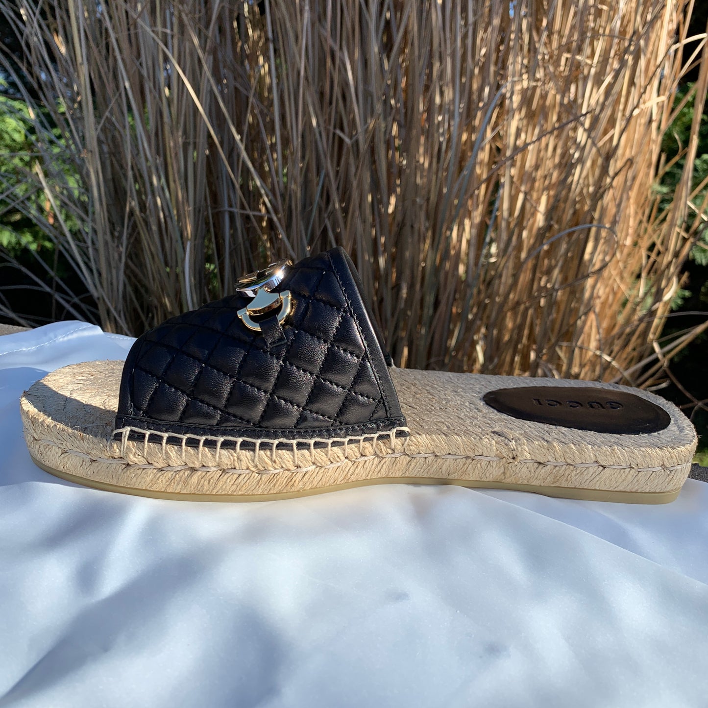 Gucci Horsebit Quilted Espadrille Slide Sandals in Black