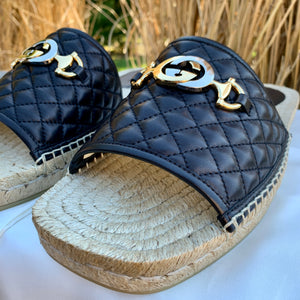 Gucci Horsebit Quilted Espadrille Slide Sandals in Black