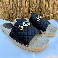 Load image into Gallery viewer, Gucci Horsebit Quilted Espadrille Slide Sandals in Black
