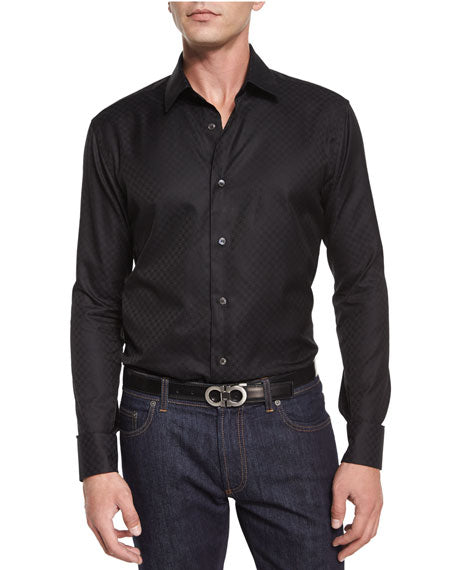 Salvatore Ferragamo Tonal Gancini Print Men's Button-Down Shirt in Black