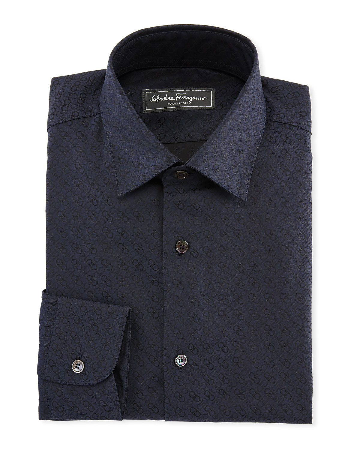 Salvatore Ferragamo Tonal Gancini Print Men's Button-Down Shirt in Black