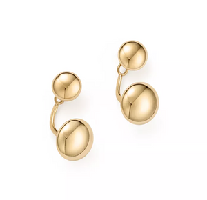 100% 14K Yellow Gold ball earrings with adjustable ear jacket.  Create a double layered look with adjustable ear jacket to fit any size ear lobe.  Dual polished gold balls hang elegantly as a stud and just under your ear, connected in the back for an invisible drop 