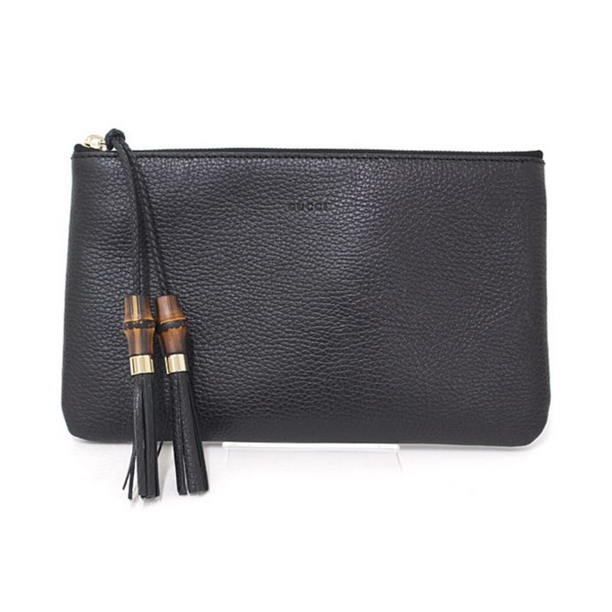 Gucci Zip Top Clutch Pouch with Bamboo Tassel Pull in Black