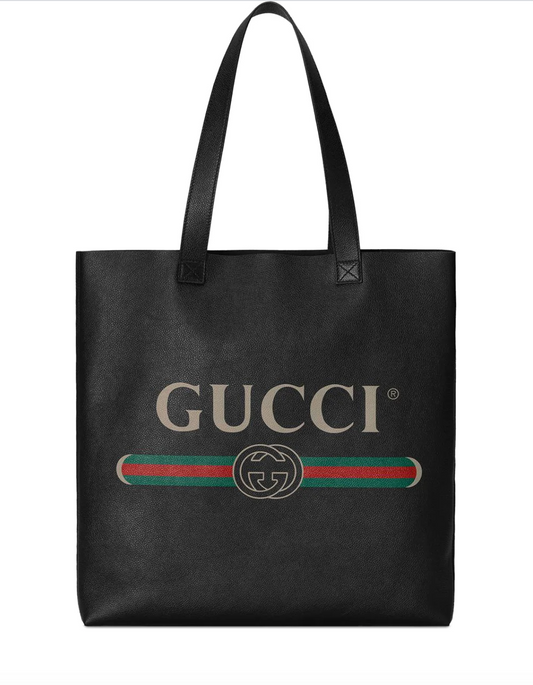 Gucci Logo Print Leather Tote Bag in Black