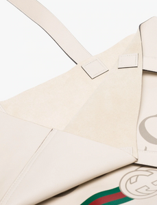 Gucci Logo Print Leather Tote Bag in White