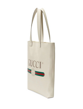 Load image into Gallery viewer, Gucci Logo Print Leather Tote Bag in White