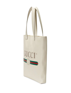 Gucci Logo Print Leather Tote Bag in White