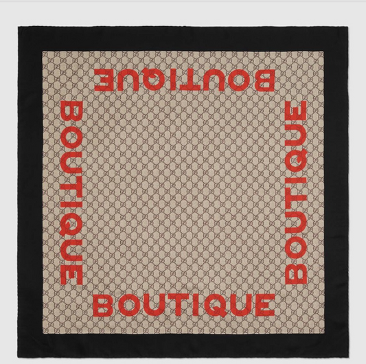 Gucci GG Boutique Print Scarf In Beige and Dark Brown