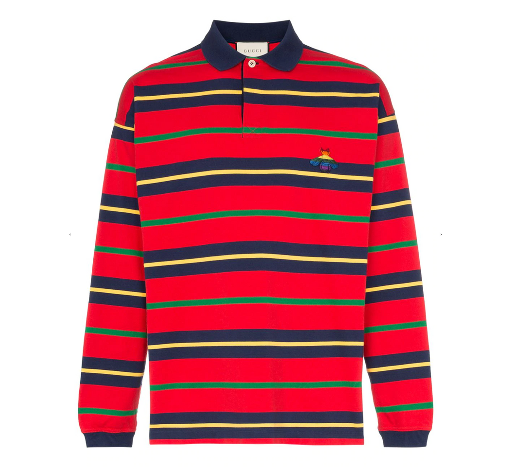 Gucci Striped Long Sleeve Polo with Bee in Red