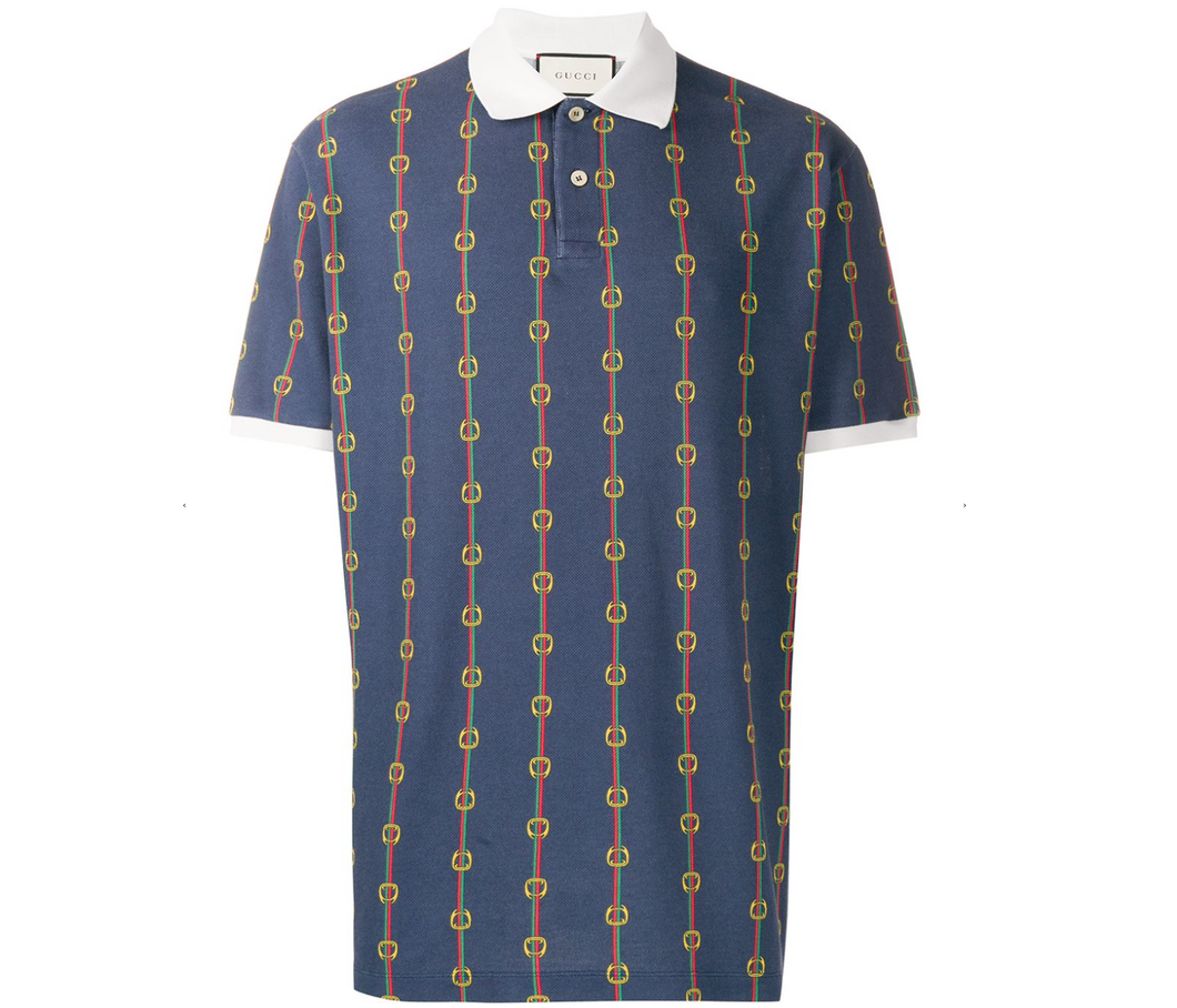 Gucci Horse-bit Chain Print Polo Shirt in Blue