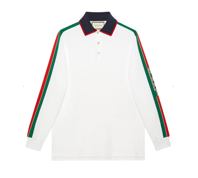 Gucci Men long sleeve polo with classic Gucci red and green stripe down each arm, 