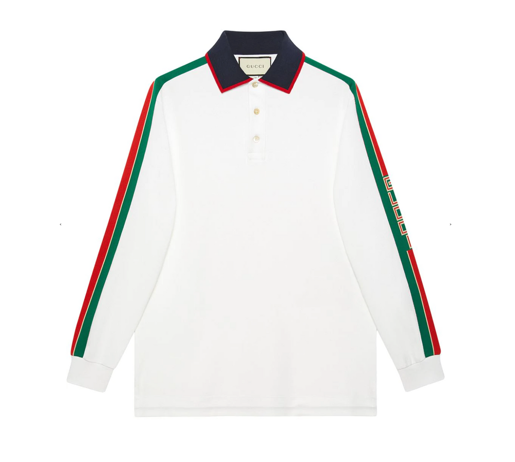 Gucci Web stripe Detail Long Sleeve Polo in White Gavriel.us