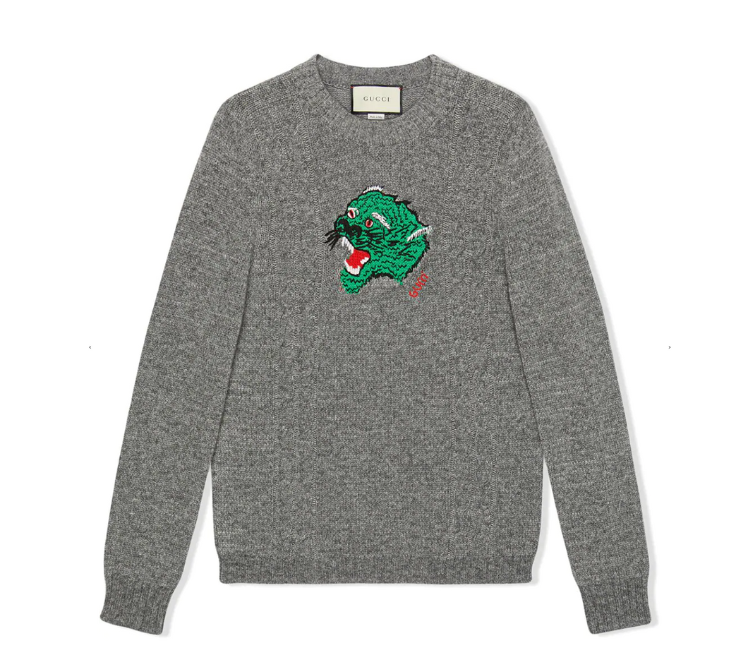 Gucci Panther Embroidered Knit Sweater in Gray Gavriel.us