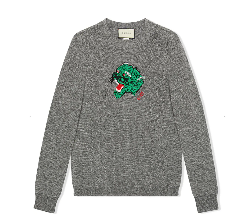 Gucci Panther Embroidered Knit Sweater in Gray
