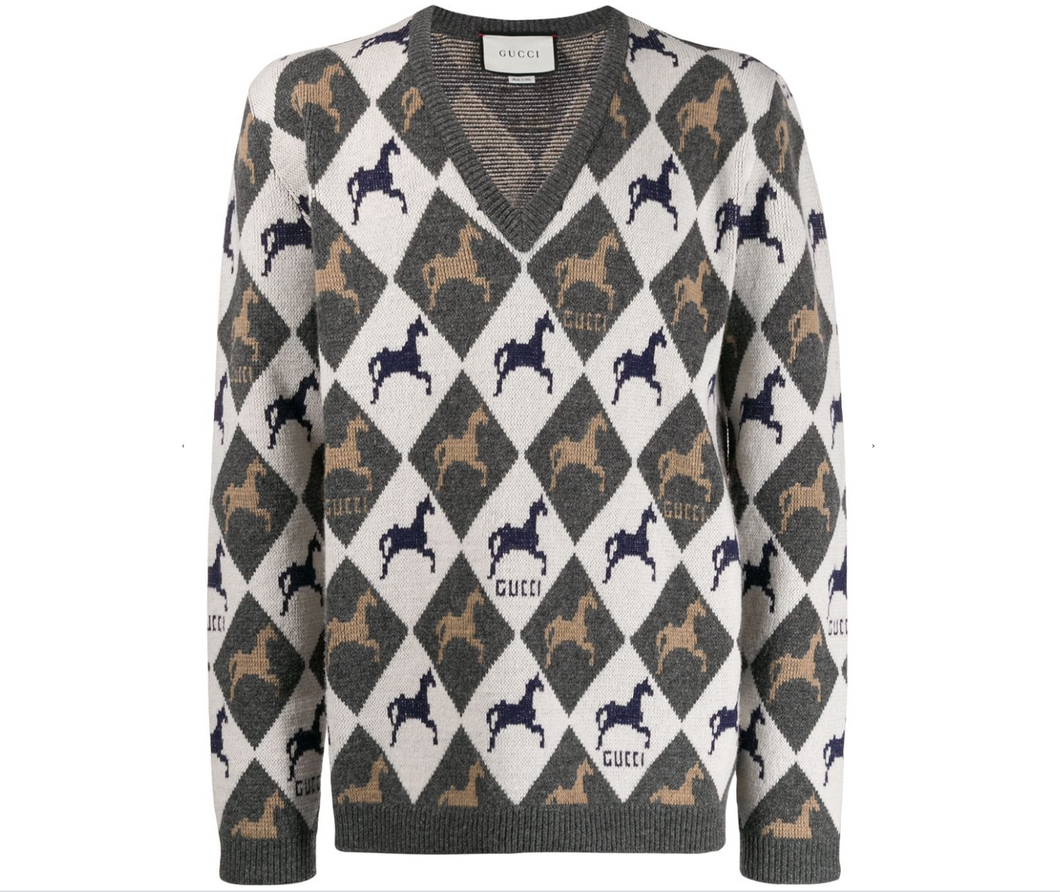 Gucci Equestrian Diamond Jacquard Sweater in Gray and White