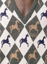 Load image into Gallery viewer, Gucci Equestrian Diamond Jacquard Sweater in Gray and White