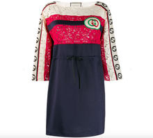 Load image into Gallery viewer, Gucci GG Floral Lace Logo Stripe Dress in Blue