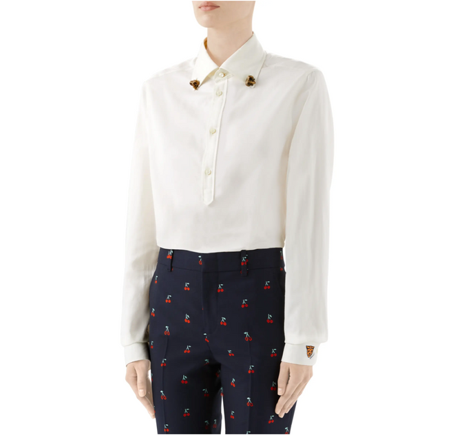 Gucci Ram Button-Down Collar Cotton Shirt in White