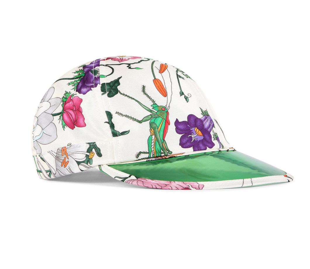 Gucci Flora Print Silk Hat with Reflective Visor in Green L