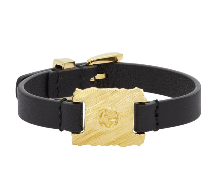 Gucci GG Textured Metal & Leather Bracelet in Black and Gold