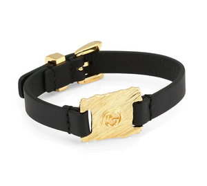 Gucci GG Textured Metal & Leather Bracelet in Black and Gold
