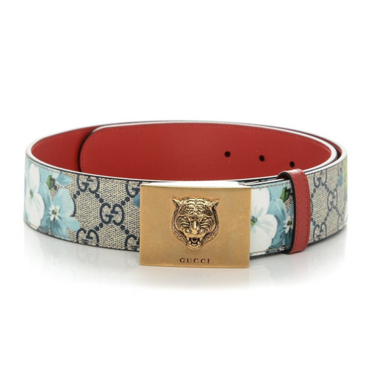 Gucci GG Supreme Blooms Belt with Brass Tiger Head Buckle in Blue