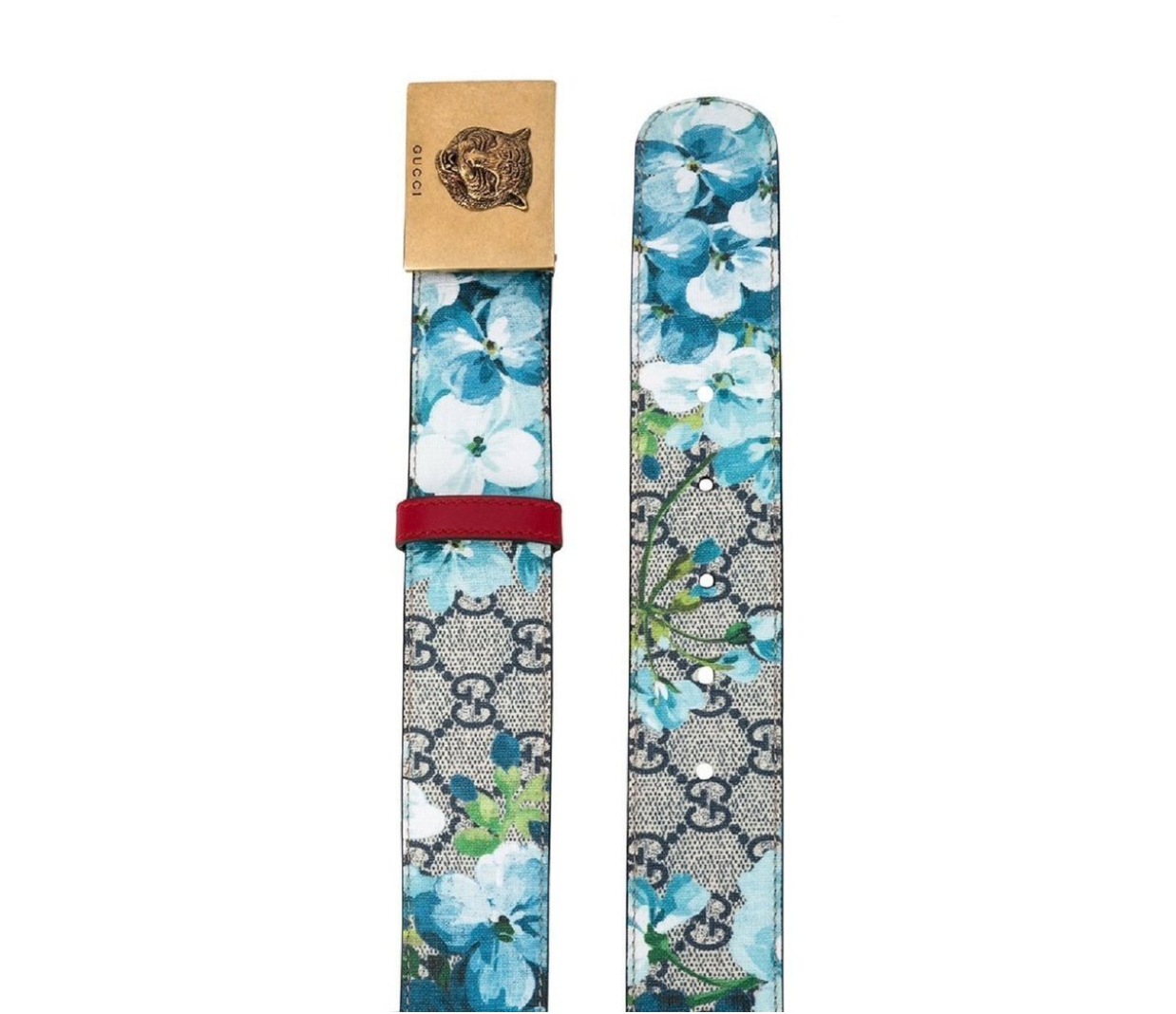 Gucci GG Supreme Blooms Belt with Brass Tiger Head Buckle in Blue